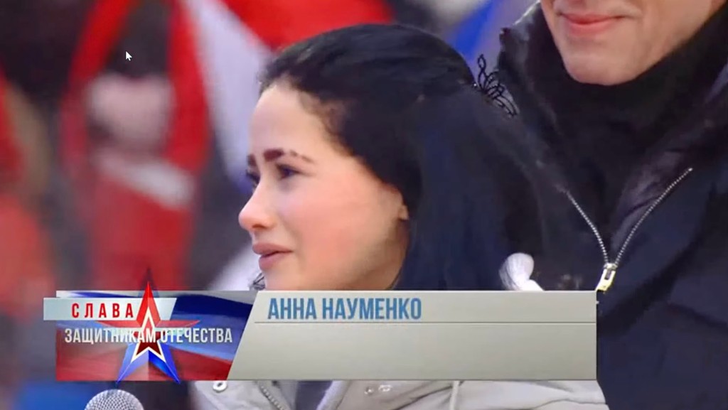 Anna Naumenko, a black haired 15-year-old girl who was sent onstage to thank the Russian invaders during a propaganda concert last week in Moscow.