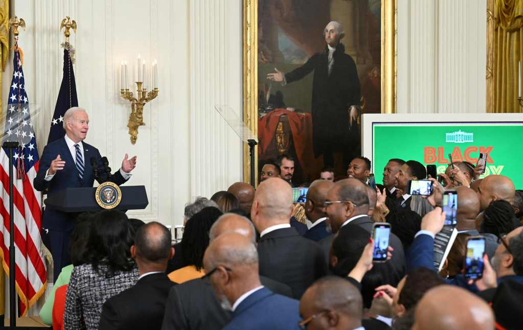 Biden speaking during the Black History Month reception in the East Room.