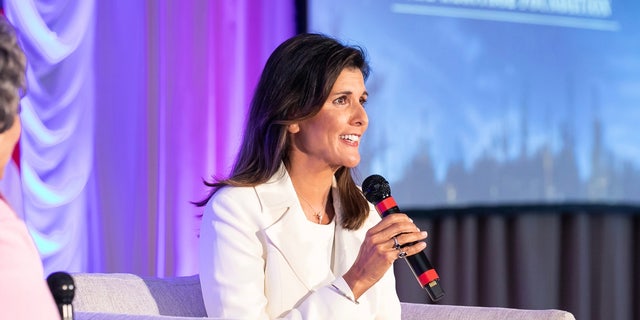 Former U.N. ambassador and two-term South Carolina Gov. Nikki Haley gives a speech.