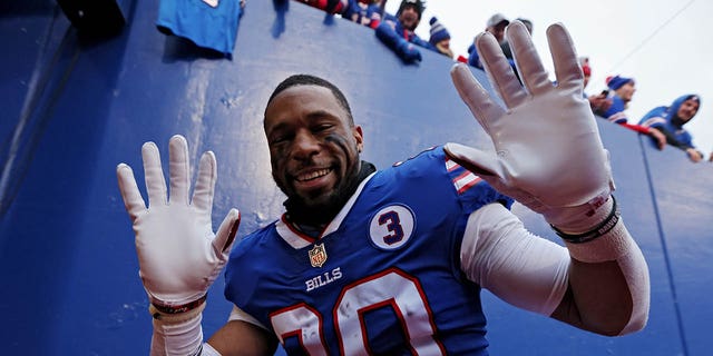 Nyheim Hines of the Bills celebrates after Buffalo's 35-23 win against the New England Patriots at Highmark Stadium on Jan. 8, 2023, in Orchard Park, New York.