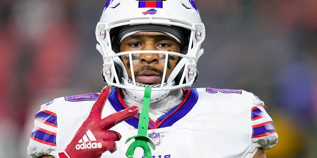 Nyheim Hines of the Buffalo Bills warms up before the Bengals game at Paycor Stadium on Jan. 2, 2023, in Cincinnati, Ohio.