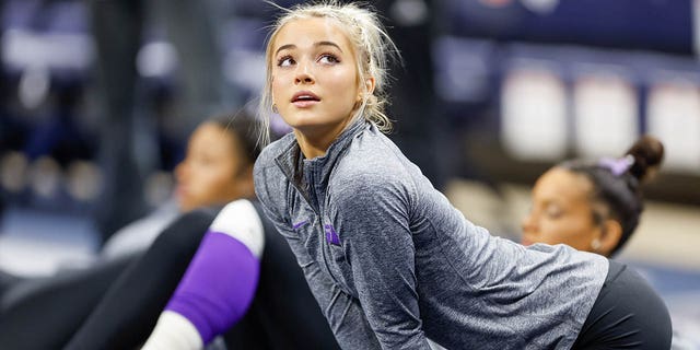 Olivia Dunne of LSU stretches before a meet at Neville Arena on Feb. 10, 2023, in Auburn, Alabama.