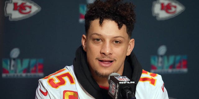 Kansas City Chiefs quarterback Patrick Mahomes speaks to media during a Super Bowl LVII press conference at Hyatt Regency at Gainey Ranch in Scottsdale, Arizona, on Feb. 9, 2023.