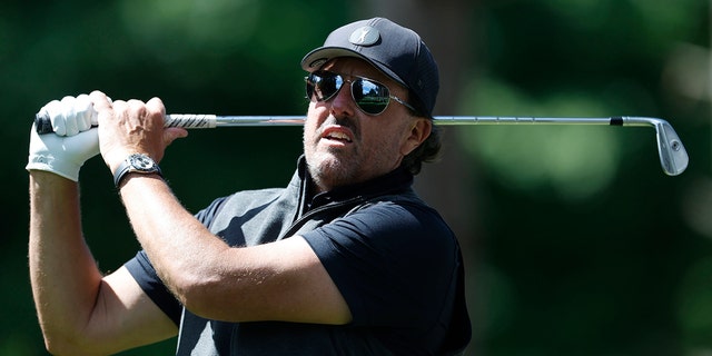 Phil Mickelson in action during the Pro-Am at the Centurion Club, Hertfordshire, England, ahead of the LIV Golf Invitational Series June 8, 2022.