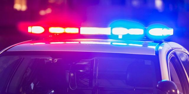 The roof of a police patrol car at night, with the blue and red lights flashing.