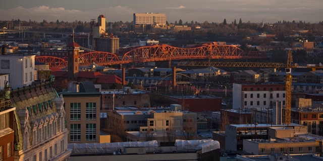 The downtown skyline and the Broadway Bridge are viewed in the early morning in Portland, Oregon