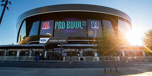 Signage for the NFL Pro Bowl is seen at Allegiant Stadium on Feb. 6, 2022, in Las Vegas.