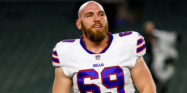 Reid Ferguson of the Buffalo Bills stretches prior to a game against the Bengals at Paycor Stadium on Jan. 2, 2023, in Cincinnati, Ohio.