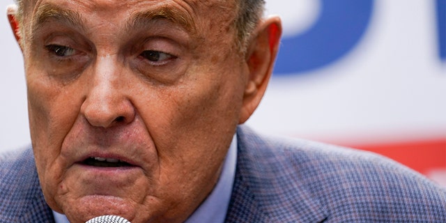 FILE - In this June 21, 2021, file photo former New York City Mayor Rudy Giuliani speaks during a campaign event for Republican mayoral candidate Curtis Sliwa in New York. (AP Photo/Mary Altaffer, File)