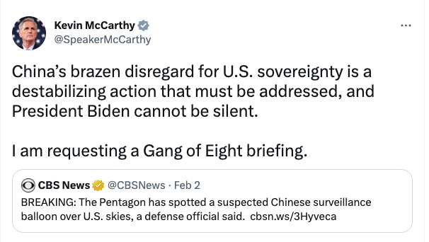 A screenshot of Kevin McCarthy's tweet about the Chinese balloon.