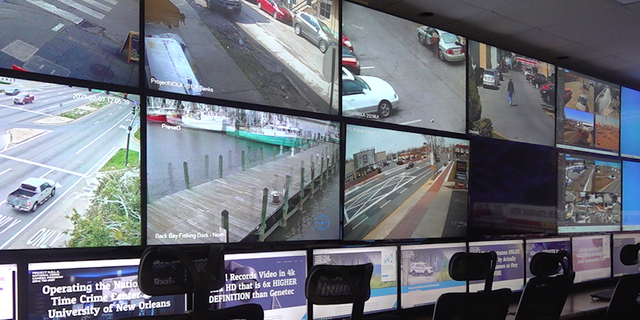 This is a sample of video feeds Project NOLA is able to share publicly. Normally, these screens are showing cameras in crime-ridden neighborhoods so staff can study gang members' movements and interactions. 