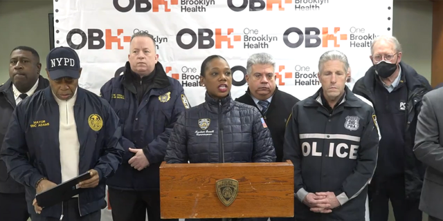 NYPD Police Commissioner Keechant L. Sewell addresses reporters after the shooting of an off-duty police officer on Feb. 4, 2023.