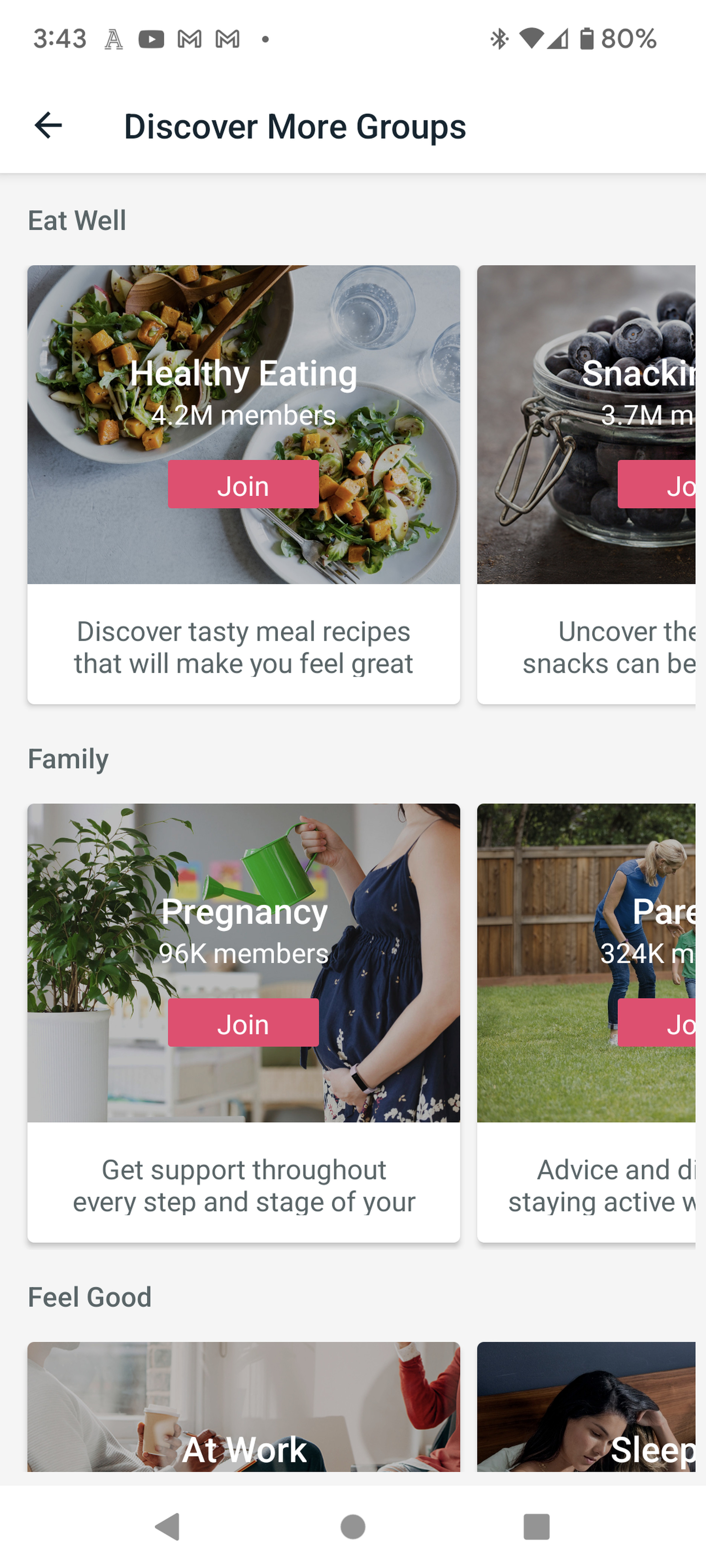 Screenshot of Fitbit’s Community tab showing Open Groups.