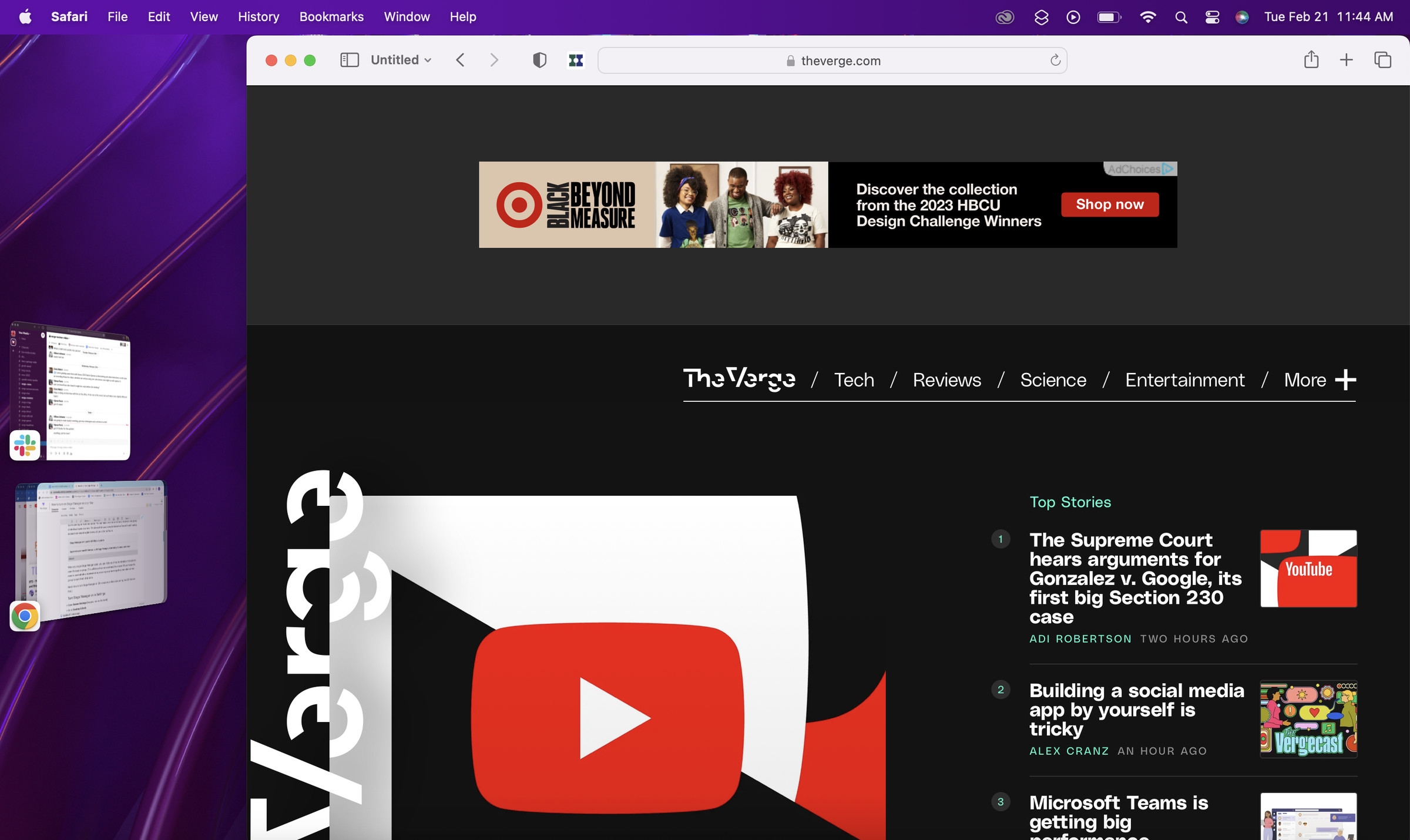 A screenshot of macOS Ventura running in Stage Manager. The Verge homepage is open in Safari, and Slack and Chrome are in piles on the left side.