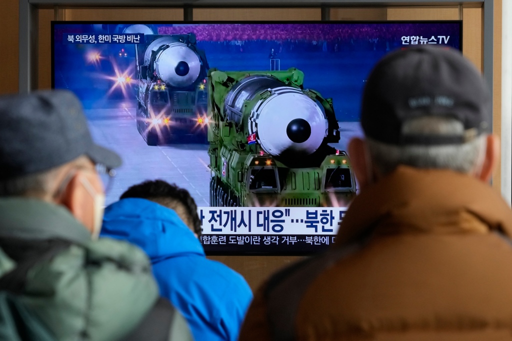 North Korean missiles in a military parade are displayed on a news program at the Seoul Railway Station in Seoul, South Korea on Feb. 2. 2023. 