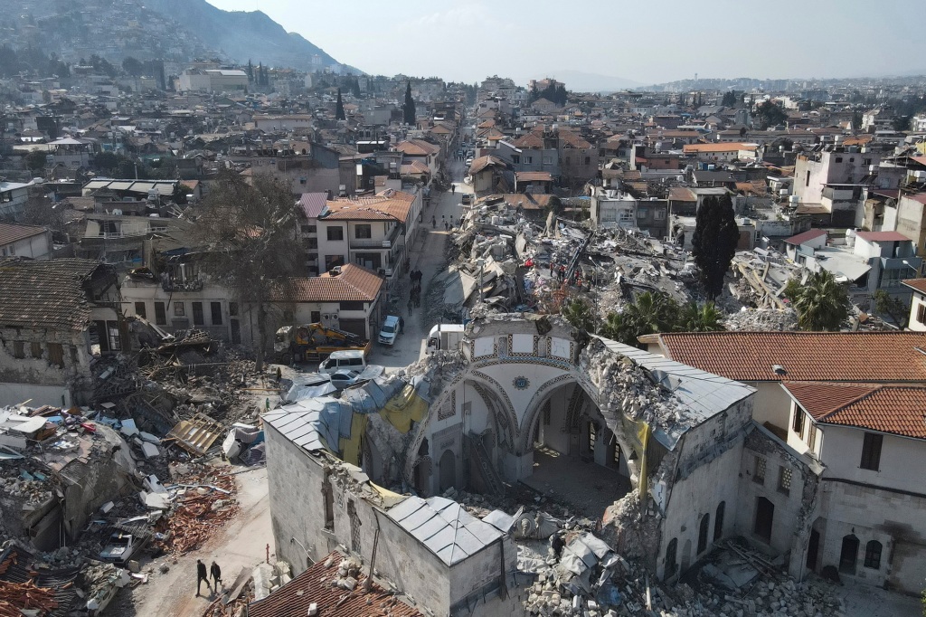 Aerial photo of the historic Turkish city shows the scale of destruction and devastation caused by two powerful earthquakes that struck the country and neighboring Syria, in Antakya, southern Turkey, Saturday, Feb. 11, 2023.