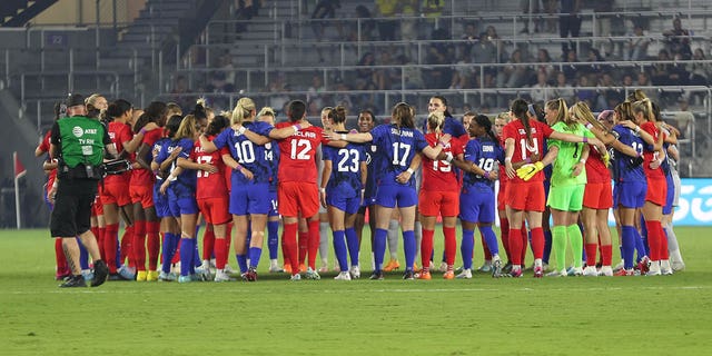 Players of United States and Canada  huddle prior to the match between Canada and United States at Exploria Stadium on February 16, 2023 in Orlando, Florida.