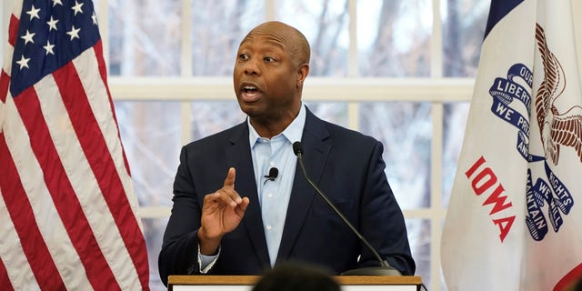 Sen. Tim Scott, R-S.C. speaks during a Faith in America Tour event, Wednesday, Feb. 22, 2023, at Drake University in Des Moines, Iowa. (AP Photo/Charlie Neibergall)