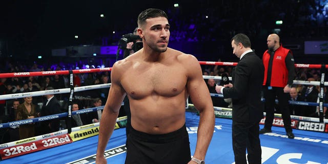 Tommy Fury prepares to face off with Jake Paul, ahead of their upcoming fight on the 26th of February in Diriyah in Saudi Arabia,  prior to the IBF, WBC, WBO World Light Heavyweight Title fight between Artur Beterbiev and Anthony Yarde at OVO Arena Wembley on January 28, 2023 in London, England.