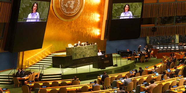 Germany's foreign minister Annalena Baerbock address the United Nations General Assembly before a vote for a U.N. resolution upholding Ukraine's territorial integrity and calling for a cessation of hostilities after Russia's invasion, Thursday Feb. 23, 2023, at U.N. headquarters. 