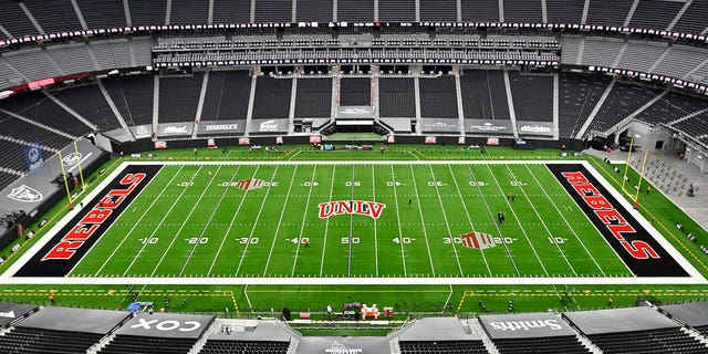 General view of the stadium as players warm up prior to the start of the game between the UNLV Rebels and the Fresno State Bulldogs at Allegiant Stadium on November 07, 2020, in Las Vegas, Nevada.