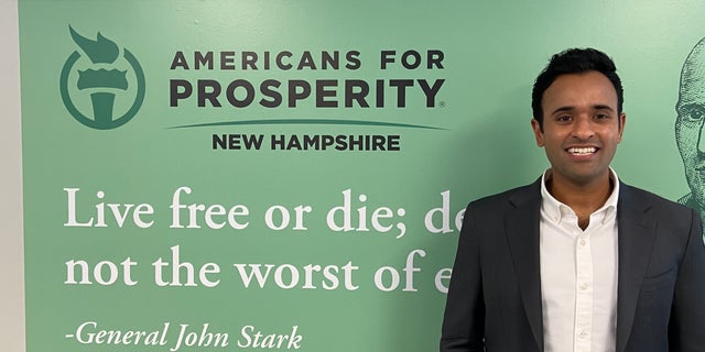 Conservative author, commentator and entrepreneur Vivek Ramaswamy stops by the offices of Americans for Prosperity during a trip to Manchester, New Hampshire, on Feb. 8, 2023.