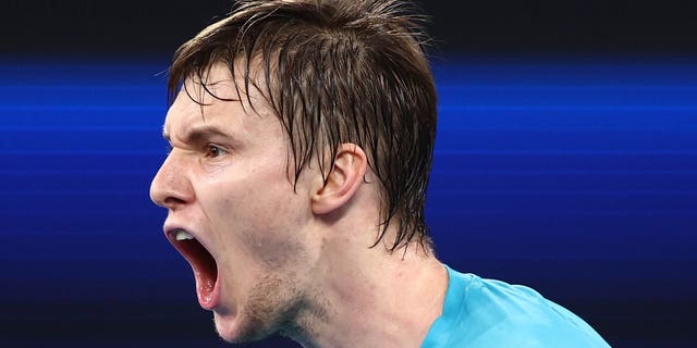 Alexander Bublik of Kazakhstan reacts in his match against Hubert Hurkacz of Poland during day four of the 2023 United Cup at Pat Rafter Arena on January 01, 2023 in Brisbane, Australia.