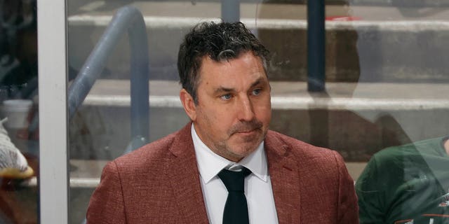 Assistant coach Andrew Brunette of the New Jersey Devils looks on during third period action against the Florida Panthers at the FLA Live Arena on December 21, 2022 in Sunrise, Florida. 