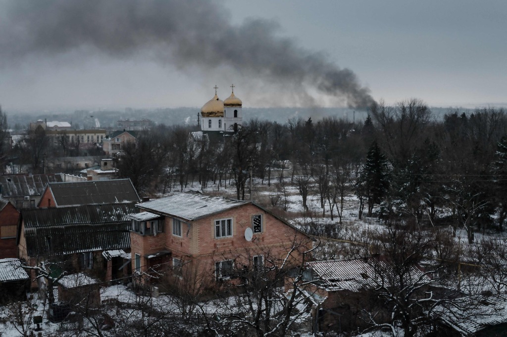 Black smoke rises after shelling in Bakhmut on February 3, 2023.