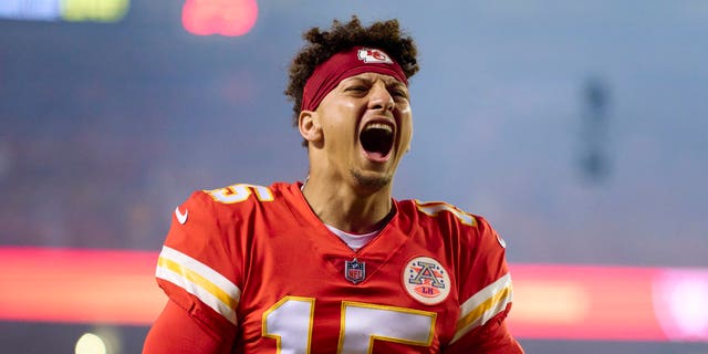 Patrick Mahomes #15 of the Kansas City Chiefs yells during his pregame celebration against the Las Vegas Raiders at GEHA Field at Arrowhead Stadium on October 10, 2022 in Kansas City, Missouri.