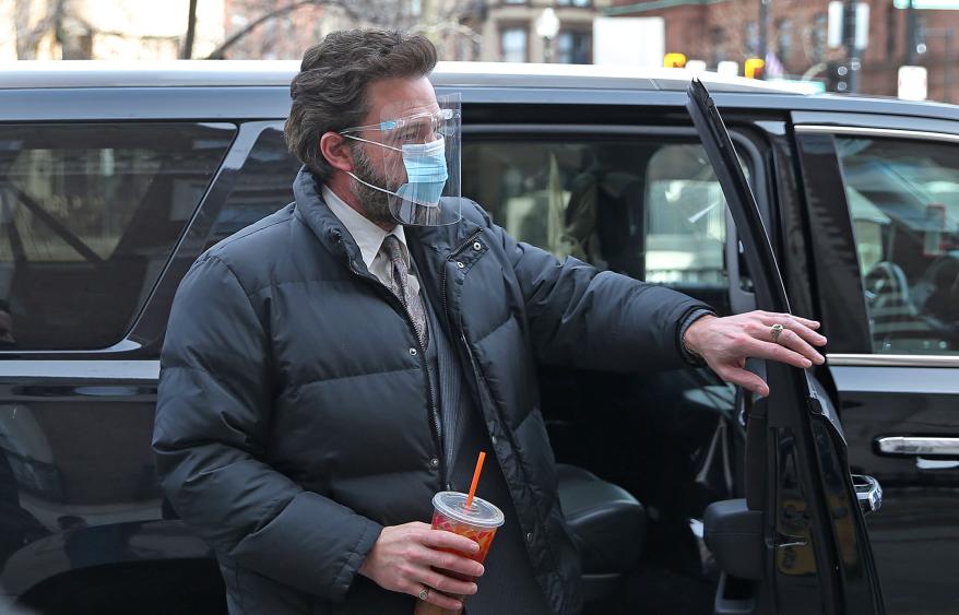 Ben Affleck arrives with Dunkin Donuts ice coffee in hand for "The Tender Bar" (directed by George Clooney) filming Friday morning March 5, 2021