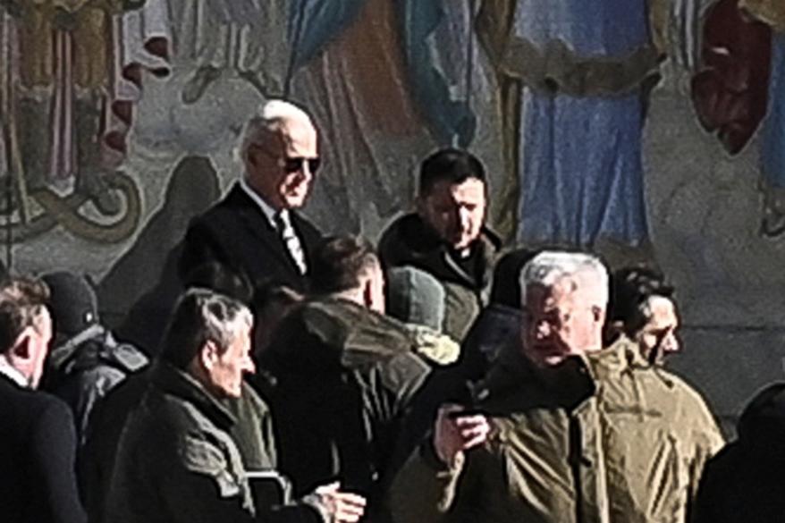 President Biden and Ukraine's President Zelenskiy shake hands in from of Saint Michaelaes cathedral in Kyiv, Ukraine on Feb. 20, 2023.