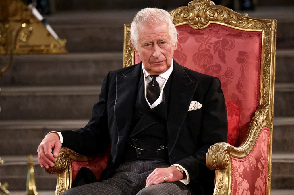 King Charles III attends the presentation of Addresses by both Houses of Parliament in Westminster Hall, inside the Palace of Westminster, central London on September 12, 2022.