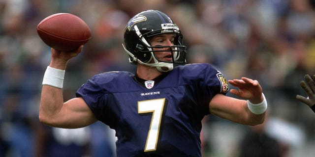 Quarterback Chris Redman of the Ravens passes against the Jacksonville Jaguars at Ravens Stadium on Oct. 20, 2002, in Baltimore.