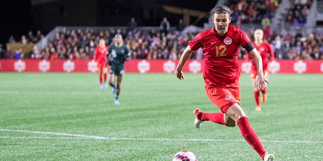 Christine Sinclair #12 of Canada against Nigeria during a Celebration tour friendly match at Starlight Stadium on April 11, 2022, in Langford, British Columbia, Canada.