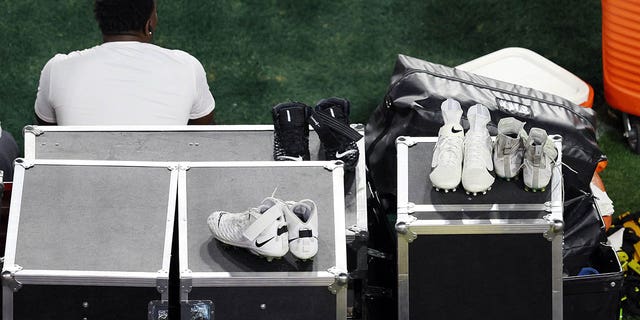 Cleats are seen on the sideline during the third quarter in Super Bowl LVII between the Kansas City Chiefs and the Philadelphia Eagles at State Farm Stadium on February 12, 2023 in Glendale, Arizona. 