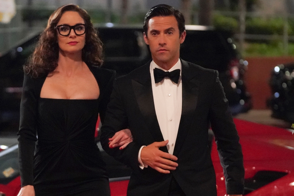 Photo of Milo Ventimiglia and Sarah Wayne Callies as Charlie and Birdie. He's wearing a tuxedo and she's wearing an evening gown and big black-rimmed glasses.