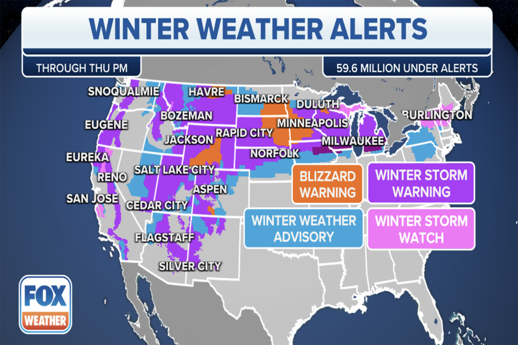 Winter Storm Warnings, Winter Storm Watches and Winter Weather Advisories stretch from the West Coast all the way to upstate New York as well as northern New England.