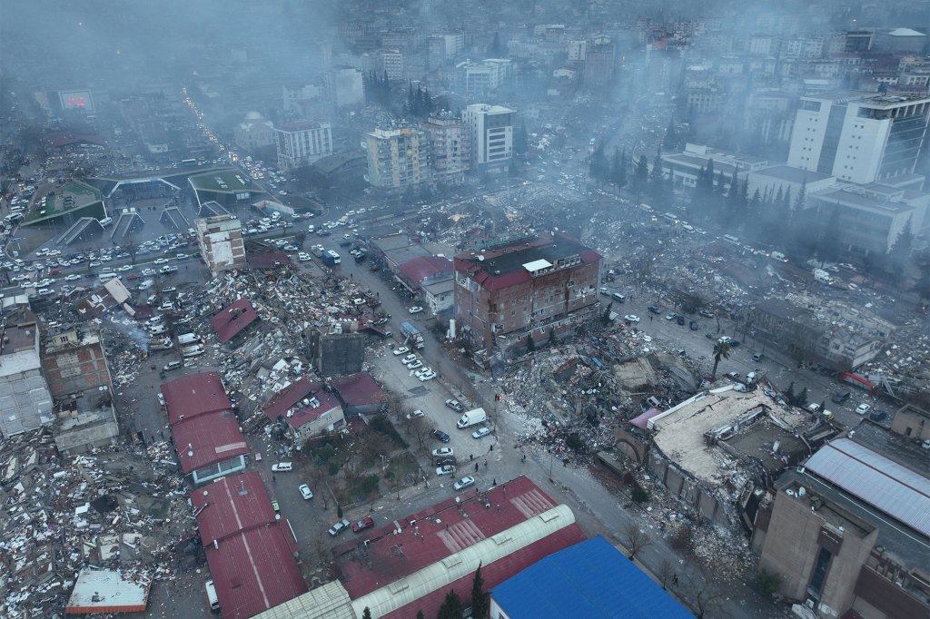 Aftermath showing ruined residential buildings following a 7.8 magnitude earthquake that occurred in the PazarcÄ±k district of KahramanmaraÅ on February 6, 2023