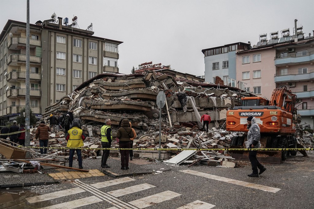 Emergency teams search for people in the rubble of a destroyed building in Gaziantep, Turkey, Monday, Feb. 6, 2023.