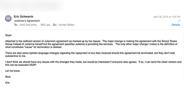 Hunter Biden's longtime business partner, Eric Schwerin, emailed the RSTP partners, saying, "Attached is the redlined version of Julianna's agreement as marked up by her lawyer."