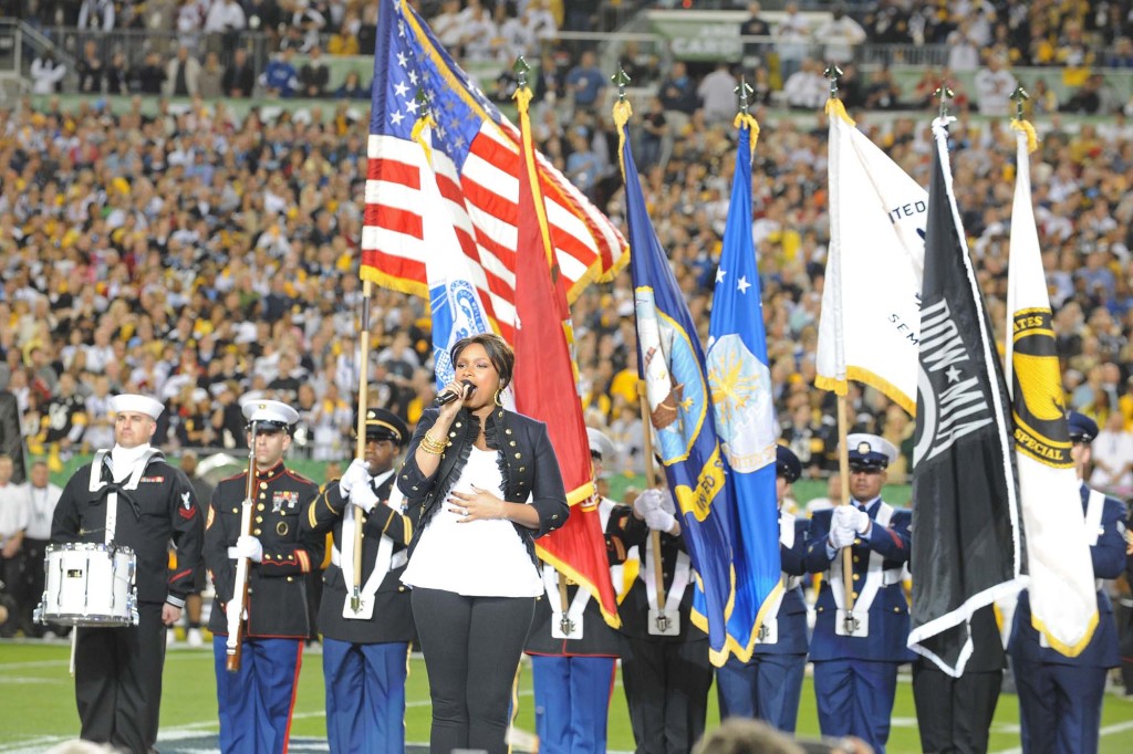 Singer Jennifer Hudson performs the national anthem during the pre-game show prior to the start of Super Bowl XLIII between the Arizona Cardinals and the Pittsburgh Steelers on February 1, 2009 at Raymond James Stadium in Tampa, Florida.  
