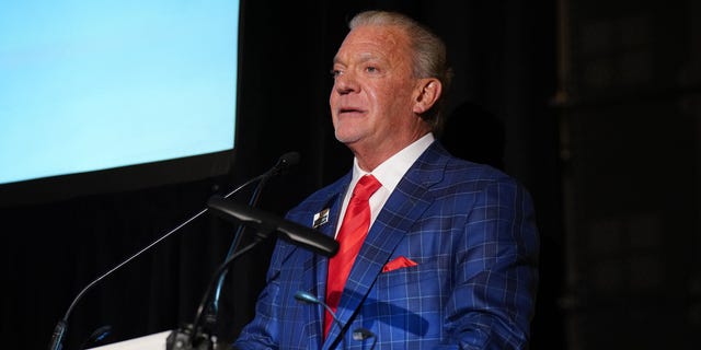 Jim Irsay speaks at the 15th Annual HOPE luncheon seminar honoring Michael Phelps on Nov. 10, 2021, in New York City.