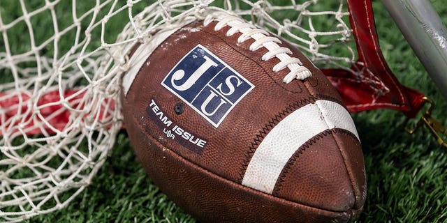 A Jackson State branded football sits on the field during the Celebration Bowl game between the Jackson State Tigers and the North Carolina Central Eagles on Saturday, December 17, 2022, at the Mercedes-Benz Stadium in Atlanta, GA.  