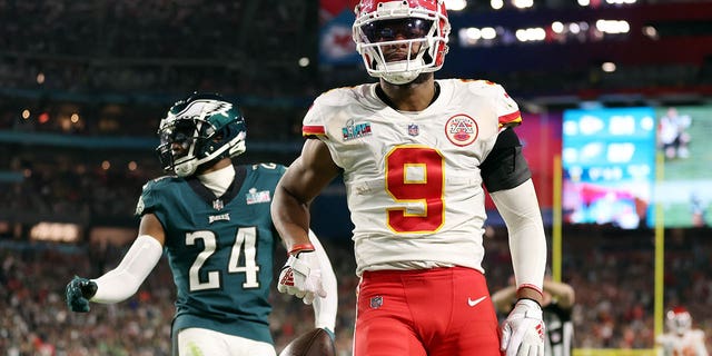 JuJu Smith-Schuster (9) of the Kansas City Chiefs reacts after a play against the Philadelphia Eagles during the fourth quarter in Super Bowl LVII at State Farm Stadium Feb. 12, 2023, in Glendale, Ariz.