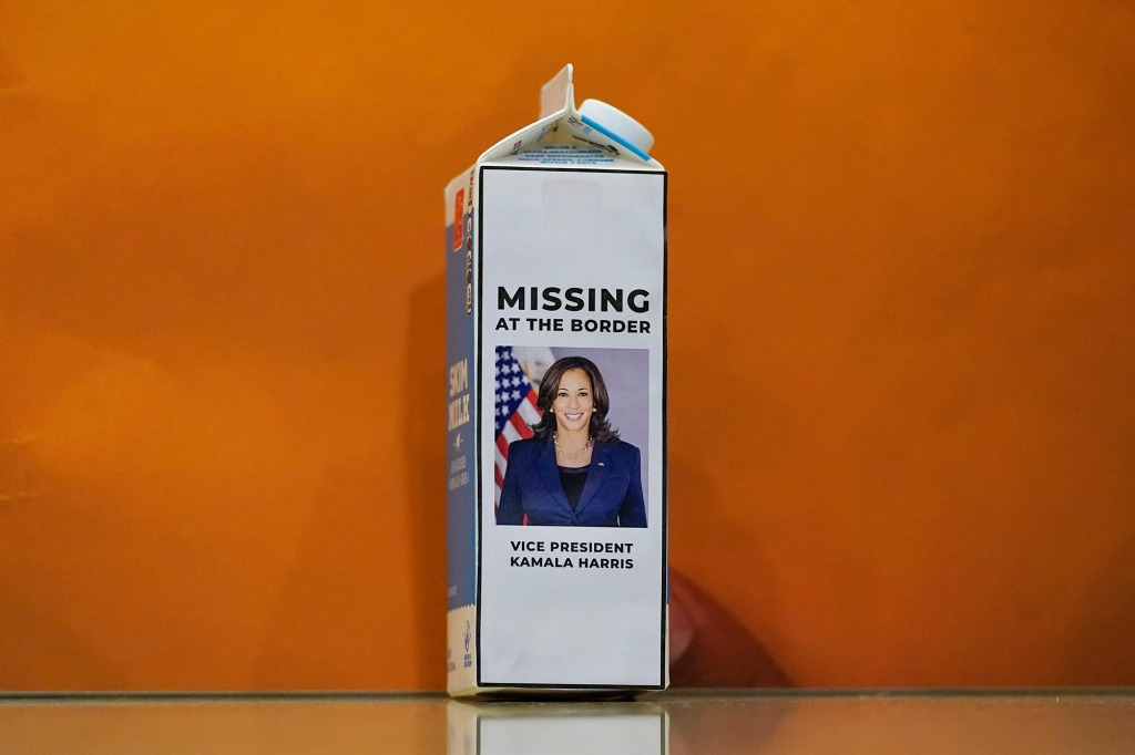 House Republicans taunt Vice President Kamala Harris with her picture on a milk carton on April 14, 2021, to illustrate her failure to visit the southern border despite her being the administration's immigration czar. 