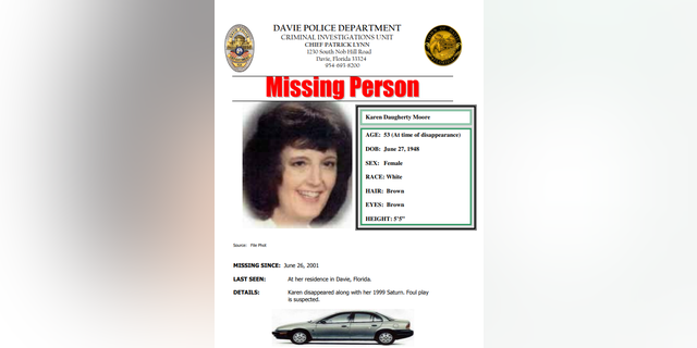 Foul play was suspected in Karen Moore's 2001 disappearance from Davie, Florida. 