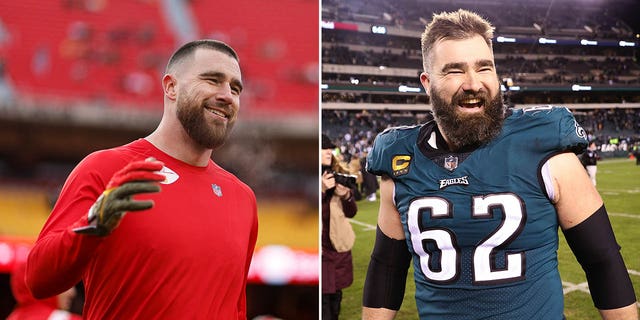 (Left) Travis Kelce #87 of the Kansas City Chiefs reacts prior to the AFC Championship NFL football game between the Kansas City Chiefs and the Cincinnati Bengals at GEHA Field at Arrowhead Stadium on January 29, 2023 in Kansas City, Missouri. (Right) Jason Kelce #62 of the Philadelphia Eagles celebrates on the field after defeating the New York Giants 38-7 in the NFC Divisional Playoff game at Lincoln Financial Field on January 21, 2023 in Philadelphia, Pennsylvania.