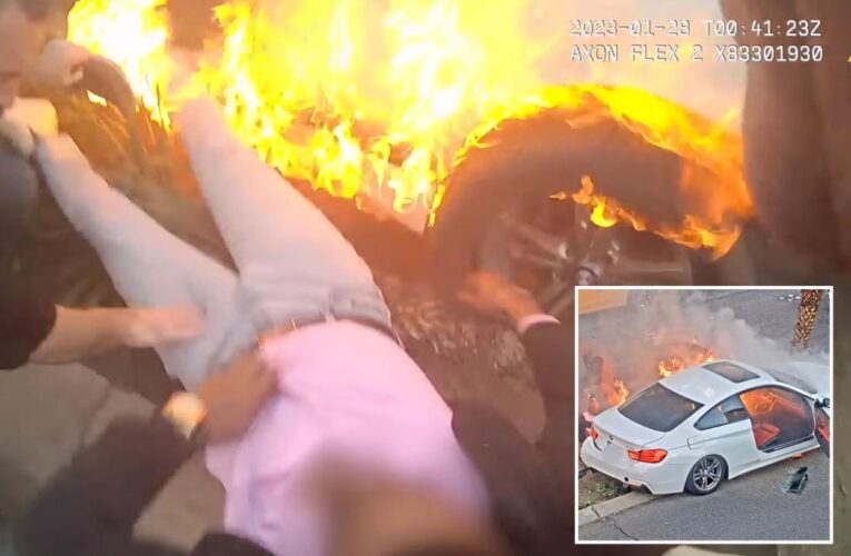 Video shows tourist pull driver from car before it catches fire