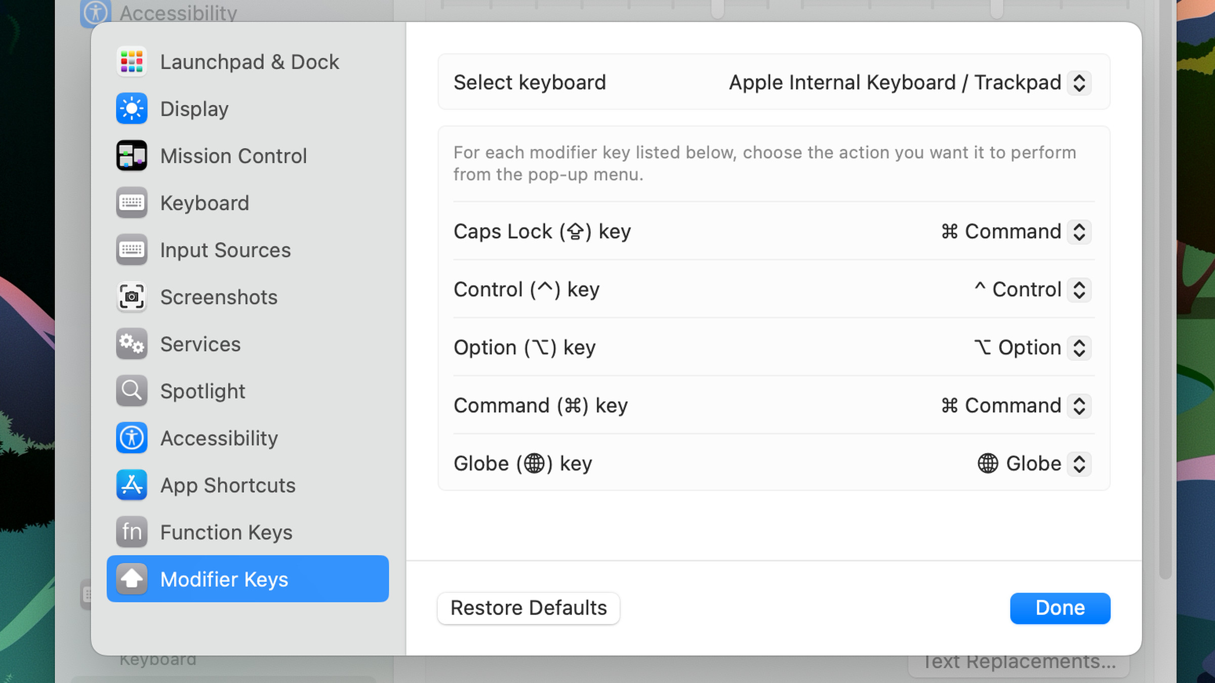 Screenshot of the Modifier Keys dialog in macOS Ventura.